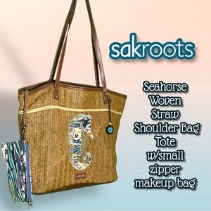 Sakroots Seahorse Woven Straw Shoulder Tote Beach Bag - Brown Blue